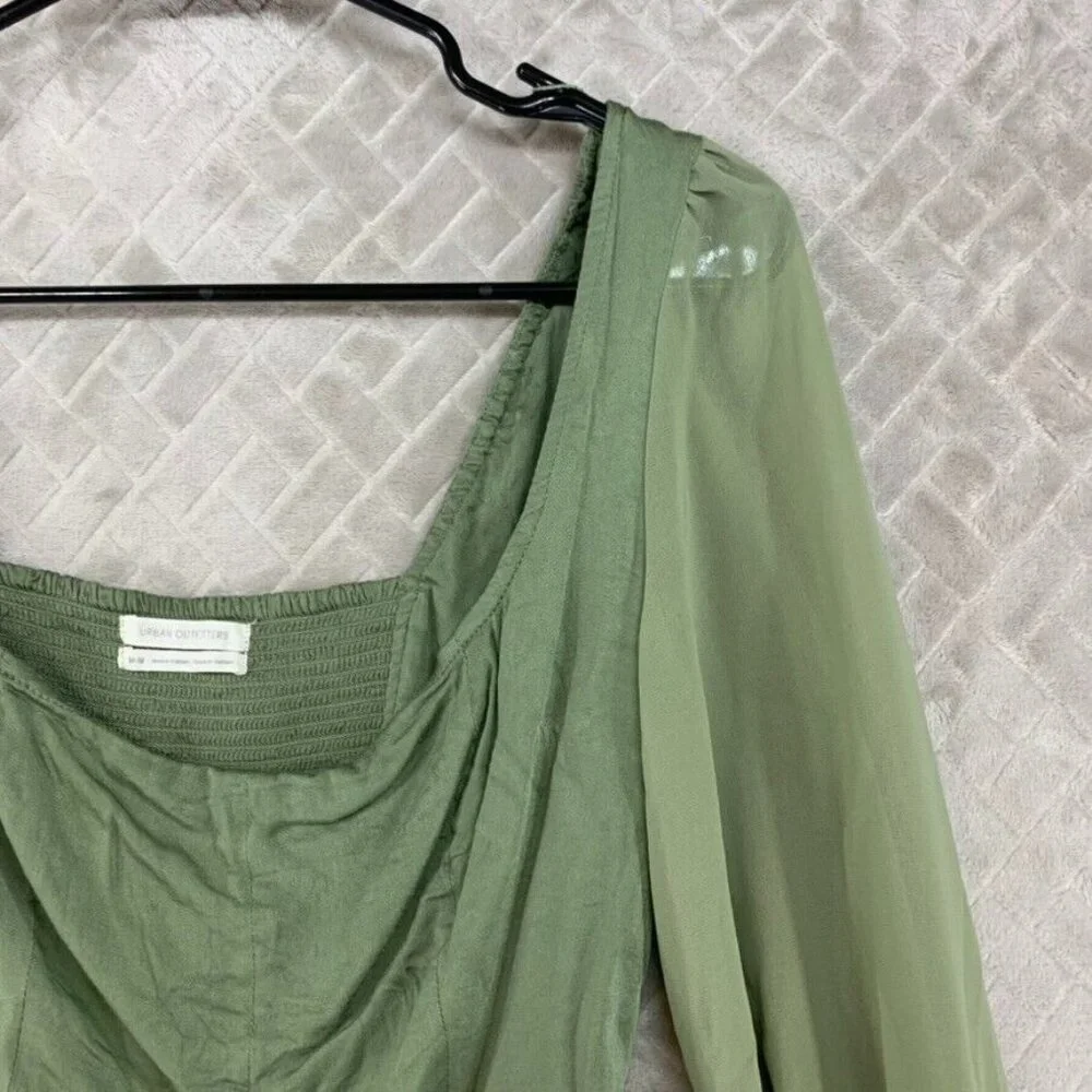 Urban Outfitters Womans Medium Crop Top Green Long Sheer Sleeve Smocked Back - Picture 3 of 16